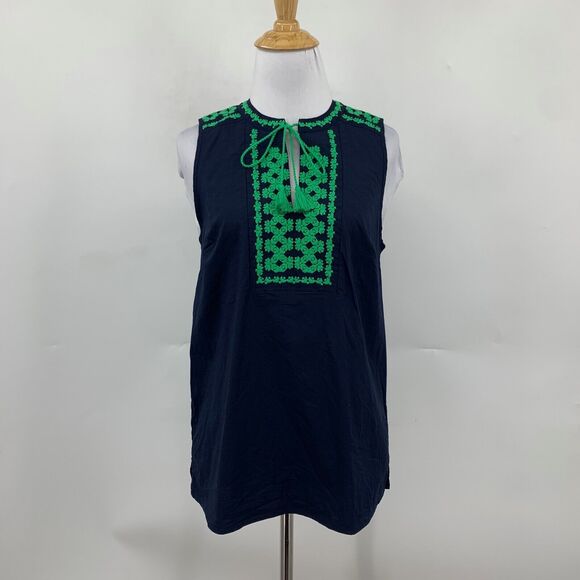 J Crew Tank Womens 0 Navy Green Embroidered Bib Tassel Keyhole Sleeveless Top - Picture 2 of 12